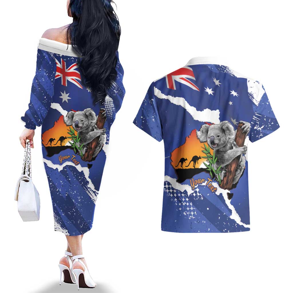 Koala Australia Personalised Couples Matching Off The Shoulder Long Sleeve Dress and Hawaiian Shirt Aussie Map Flag Color Grunge Pattern