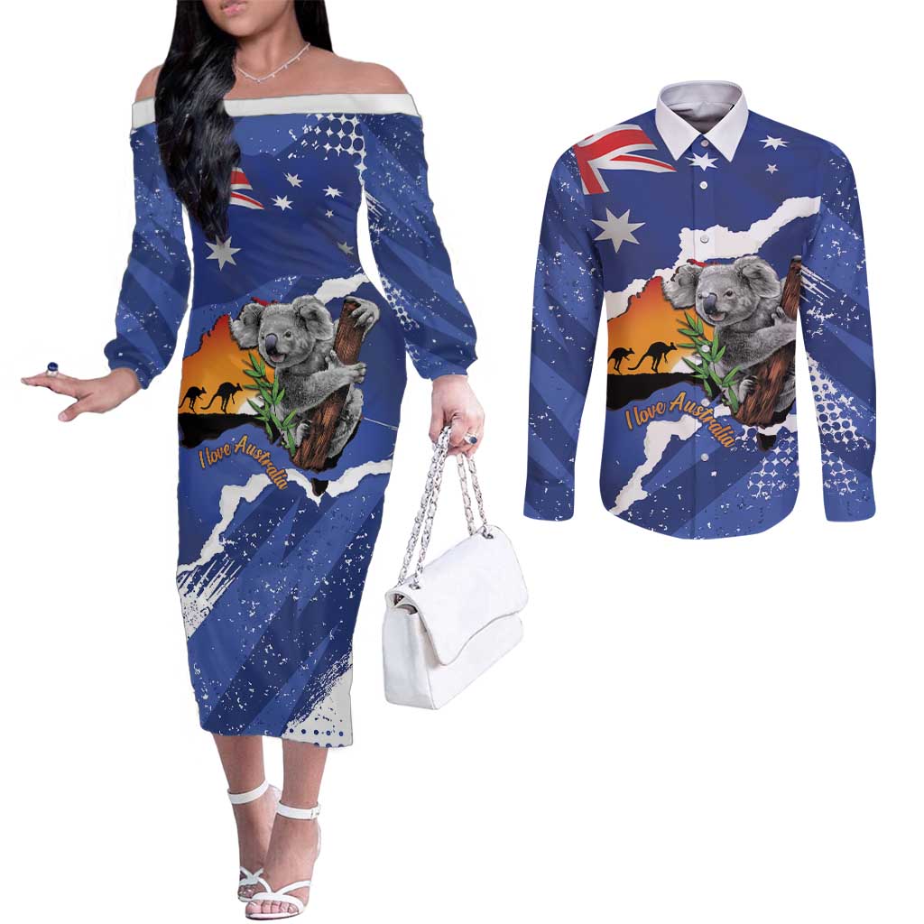 Koala Australia Personalised Couples Matching Off The Shoulder Long Sleeve Dress and Long Sleeve Button Shirt Aussie Map Flag Color Grunge Pattern