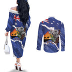 Koala Australia Personalised Couples Matching Off The Shoulder Long Sleeve Dress and Long Sleeve Button Shirt Aussie Map Flag Color Grunge Pattern