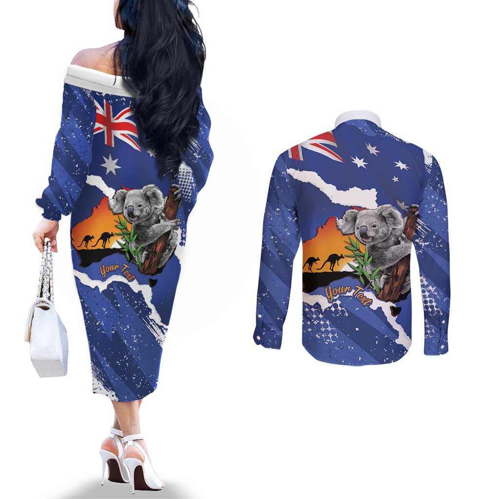 Koala Australia Personalised Couples Matching Off The Shoulder Long Sleeve Dress and Long Sleeve Button Shirt Aussie Map Flag Color Grunge Pattern