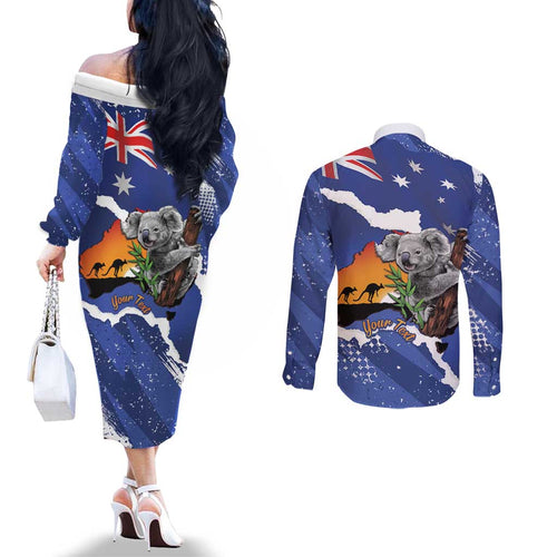 Koala Australia Personalised Couples Matching Off The Shoulder Long Sleeve Dress and Long Sleeve Button Shirt Aussie Map Flag Color Grunge Pattern