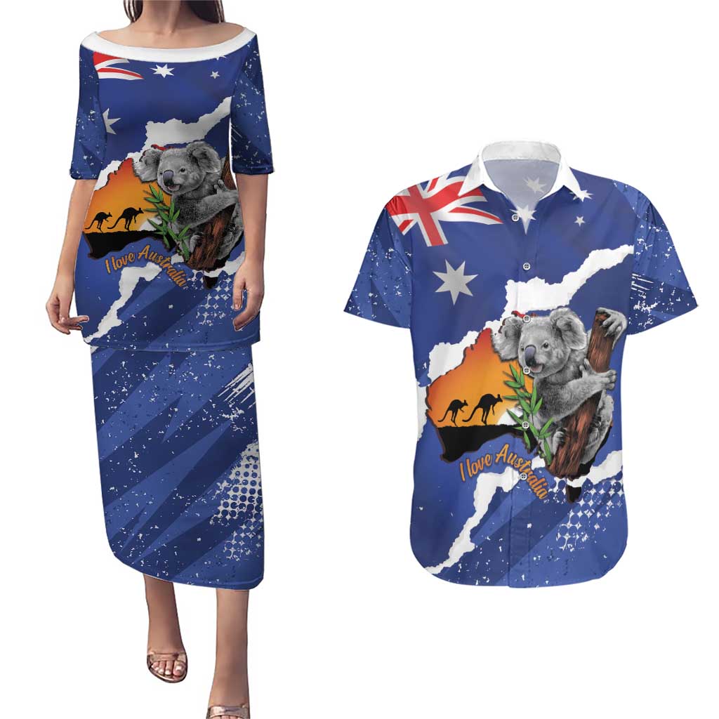 Koala Australia Personalised Couples Matching Puletasi and Hawaiian Shirt Aussie Map Flag Color Grunge Pattern
