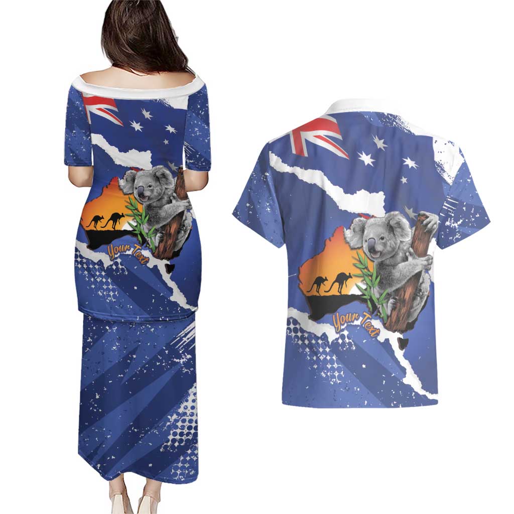 Koala Australia Personalised Couples Matching Puletasi and Hawaiian Shirt Aussie Map Flag Color Grunge Pattern