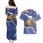 Koala Australia Personalised Couples Matching Puletasi and Hawaiian Shirt Aussie Map Flag Color Grunge Pattern