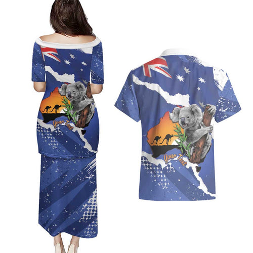 Koala Australia Personalised Couples Matching Puletasi and Hawaiian Shirt Aussie Map Flag Color Grunge Pattern