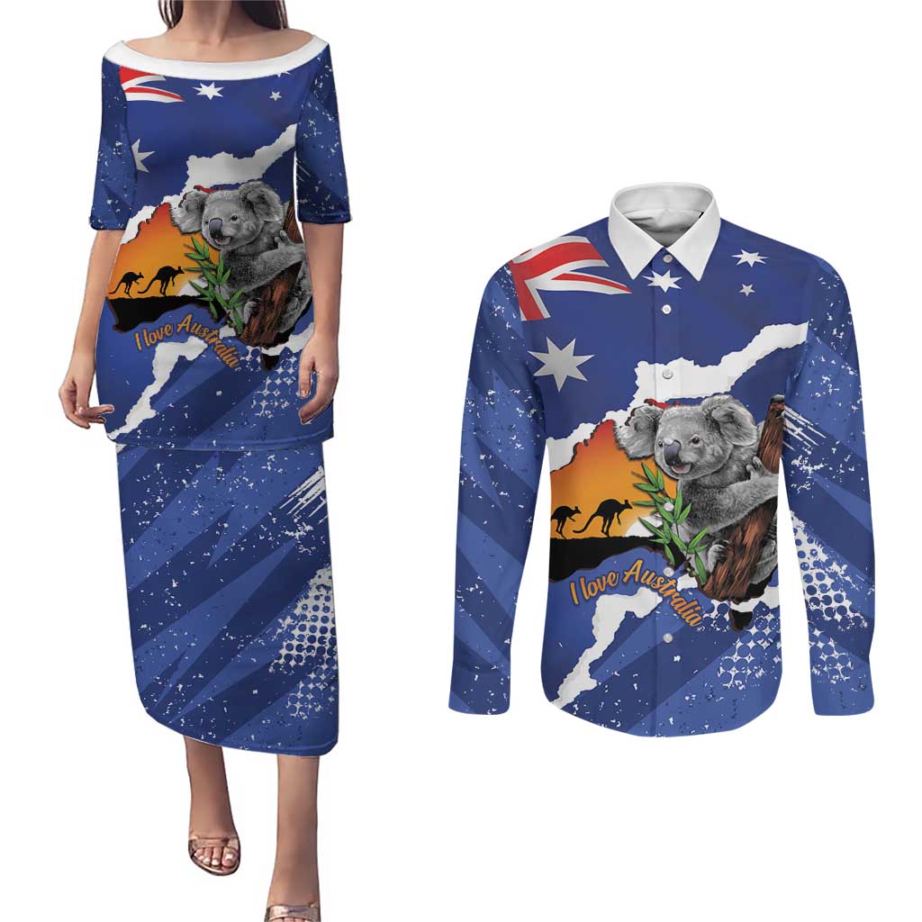 Koala Australia Personalised Couples Matching Puletasi and Long Sleeve Button Shirt Aussie Map Flag Color Grunge Pattern