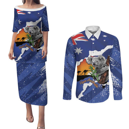 Koala Australia Personalised Couples Matching Puletasi and Long Sleeve Button Shirt Aussie Map Flag Color Grunge Pattern