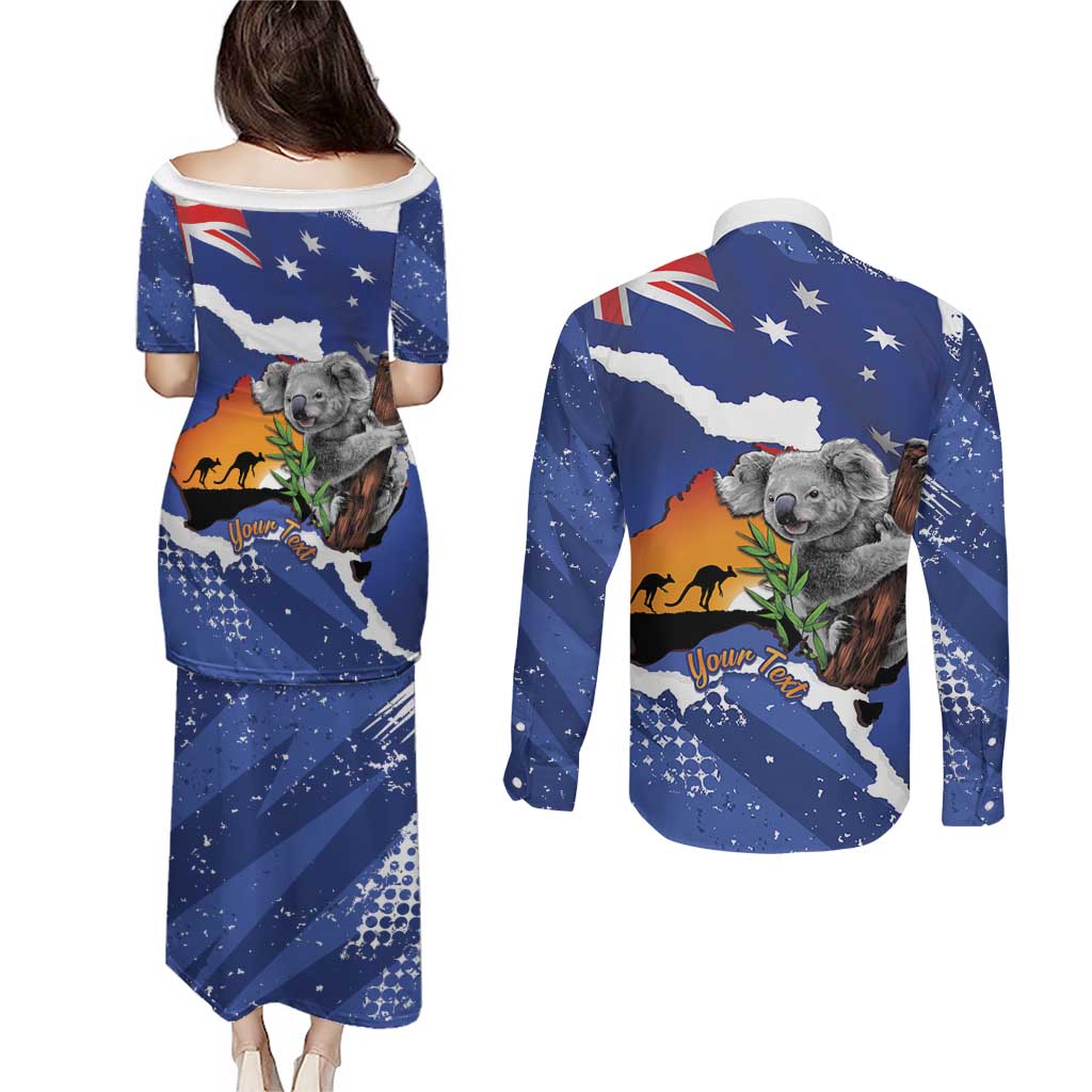 Koala Australia Personalised Couples Matching Puletasi and Long Sleeve Button Shirt Aussie Map Flag Color Grunge Pattern