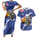 Koala Australia Personalised Couples Matching Short Sleeve Bodycon Dress and Hawaiian Shirt Aussie Map Flag Color Grunge Pattern