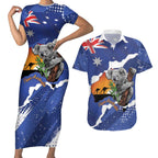 Koala Australia Personalised Couples Matching Short Sleeve Bodycon Dress and Hawaiian Shirt Aussie Map Flag Color Grunge Pattern