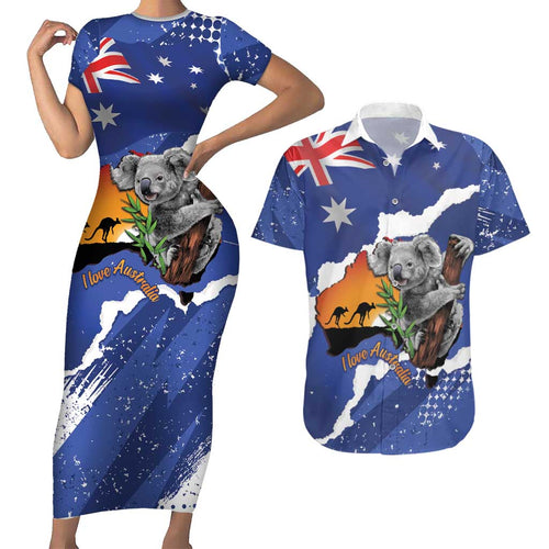 Koala Australia Personalised Couples Matching Short Sleeve Bodycon Dress and Hawaiian Shirt Aussie Map Flag Color Grunge Pattern