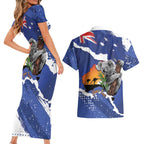 Koala Australia Personalised Couples Matching Short Sleeve Bodycon Dress and Hawaiian Shirt Aussie Map Flag Color Grunge Pattern
