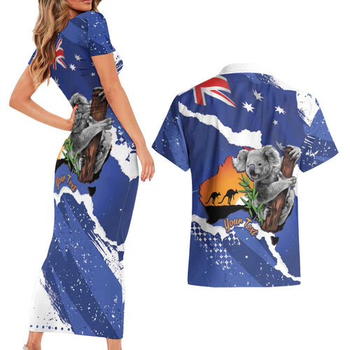 Koala Australia Personalised Couples Matching Short Sleeve Bodycon Dress and Hawaiian Shirt Aussie Map Flag Color Grunge Pattern