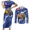 Koala Australia Personalised Couples Matching Short Sleeve Bodycon Dress and Long Sleeve Button Shirt Aussie Map Flag Color Grunge Pattern