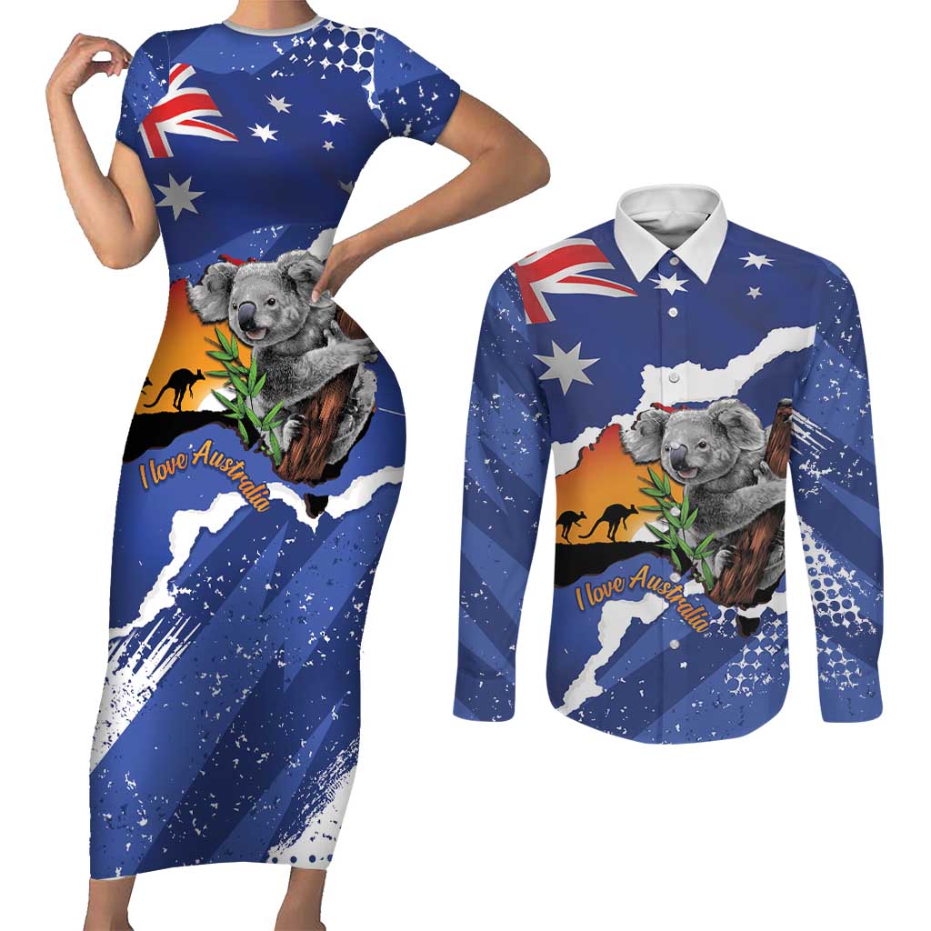 Koala Australia Personalised Couples Matching Short Sleeve Bodycon Dress and Long Sleeve Button Shirt Aussie Map Flag Color Grunge Pattern