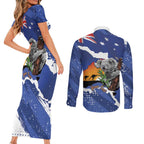 Koala Australia Personalised Couples Matching Short Sleeve Bodycon Dress and Long Sleeve Button Shirt Aussie Map Flag Color Grunge Pattern