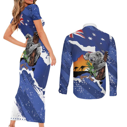 Koala Australia Personalised Couples Matching Short Sleeve Bodycon Dress and Long Sleeve Button Shirt Aussie Map Flag Color Grunge Pattern