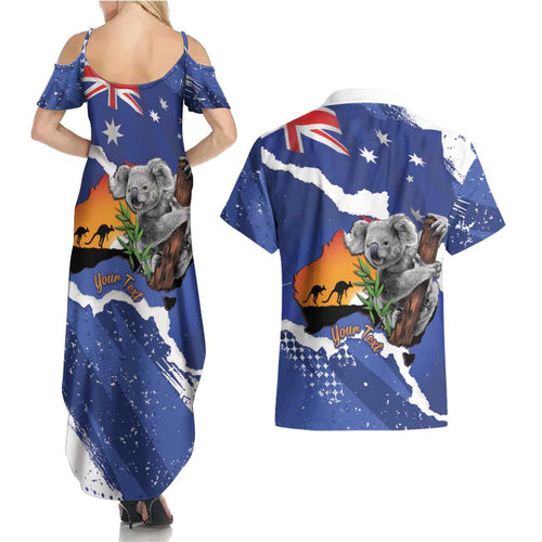 Koala Australia Personalised Couples Matching Summer Maxi Dress and Hawaiian Shirt Aussie Map Flag Color Grunge Pattern