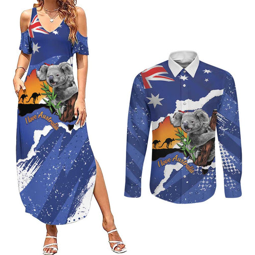 Koala Australia Personalised Couples Matching Summer Maxi Dress and Long Sleeve Button Shirt Aussie Map Flag Color Grunge Pattern