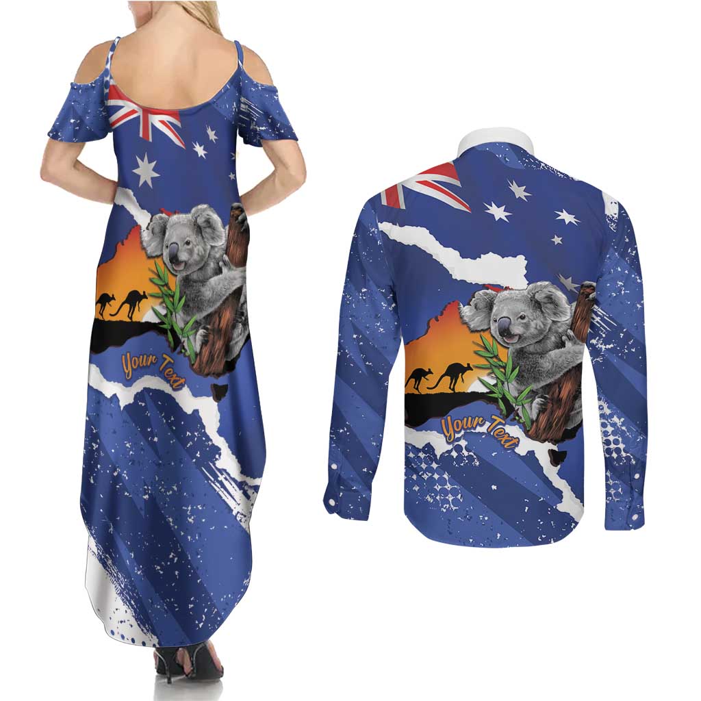 Koala Australia Personalised Couples Matching Summer Maxi Dress and Long Sleeve Button Shirt Aussie Map Flag Color Grunge Pattern