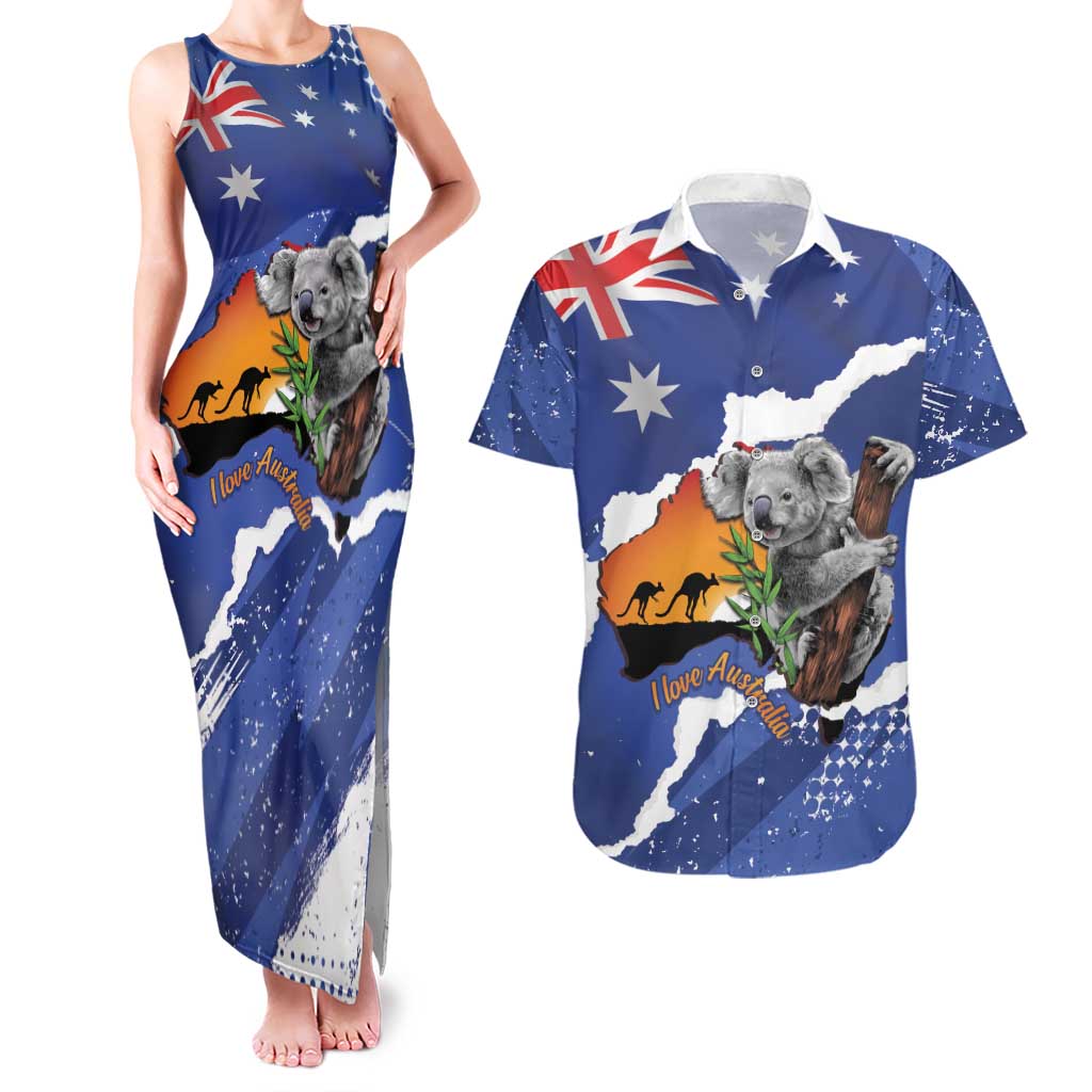 Koala Australia Personalised Couples Matching Tank Maxi Dress and Hawaiian Shirt Aussie Map Flag Color Grunge Pattern