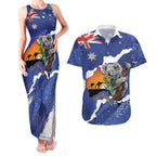 Koala Australia Personalised Couples Matching Tank Maxi Dress and Hawaiian Shirt Aussie Map Flag Color Grunge Pattern