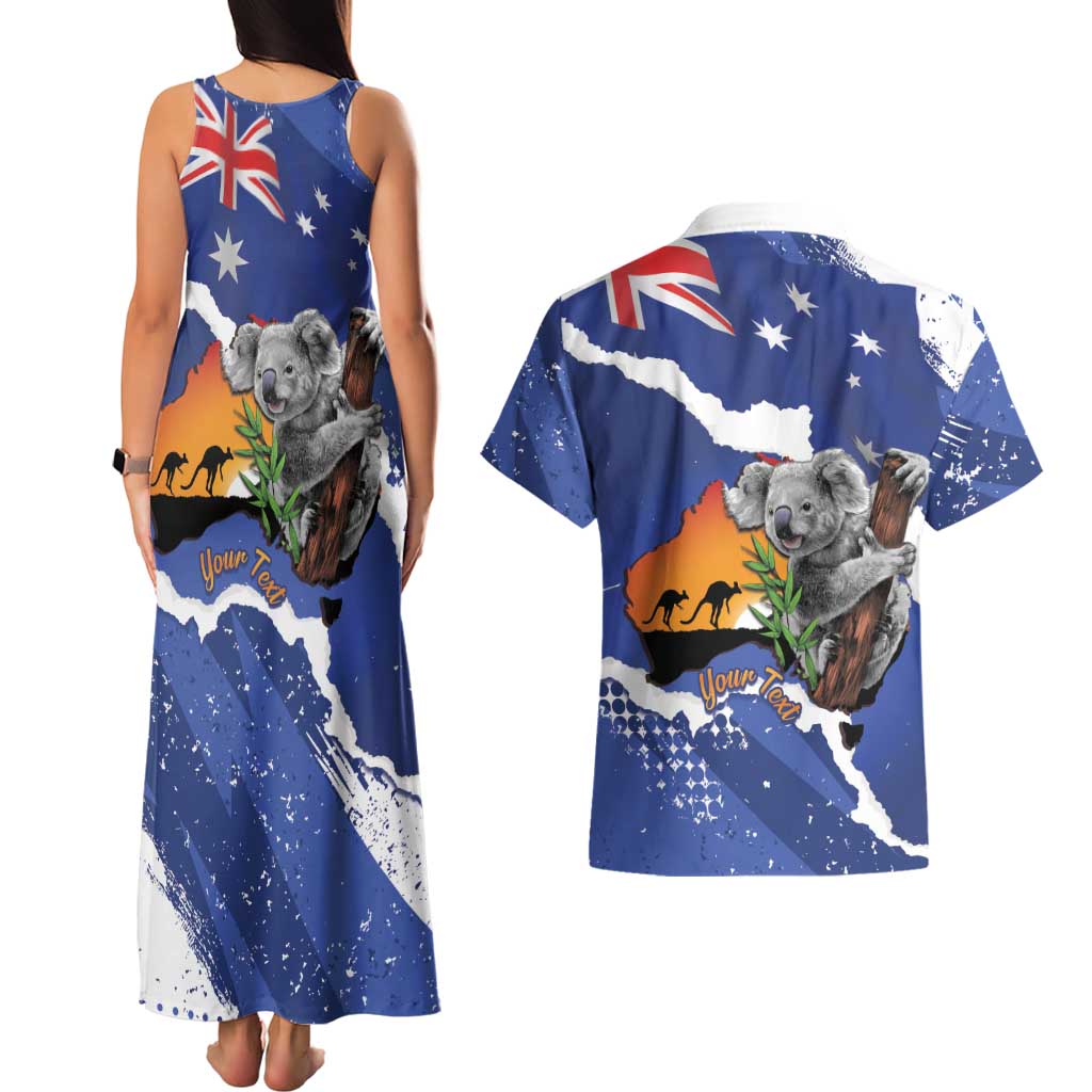 Koala Australia Personalised Couples Matching Tank Maxi Dress and Hawaiian Shirt Aussie Map Flag Color Grunge Pattern