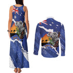 Koala Australia Personalised Couples Matching Tank Maxi Dress and Long Sleeve Button Shirt Aussie Map Flag Color Grunge Pattern