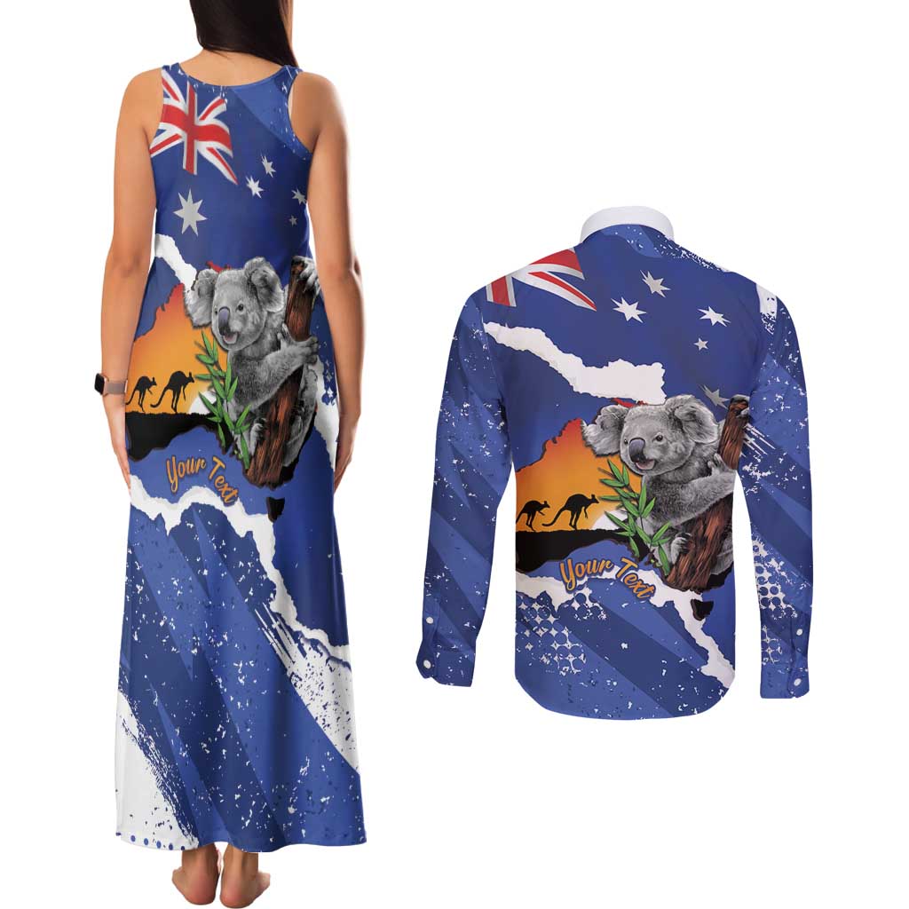 Koala Australia Personalised Couples Matching Tank Maxi Dress and Long Sleeve Button Shirt Aussie Map Flag Color Grunge Pattern