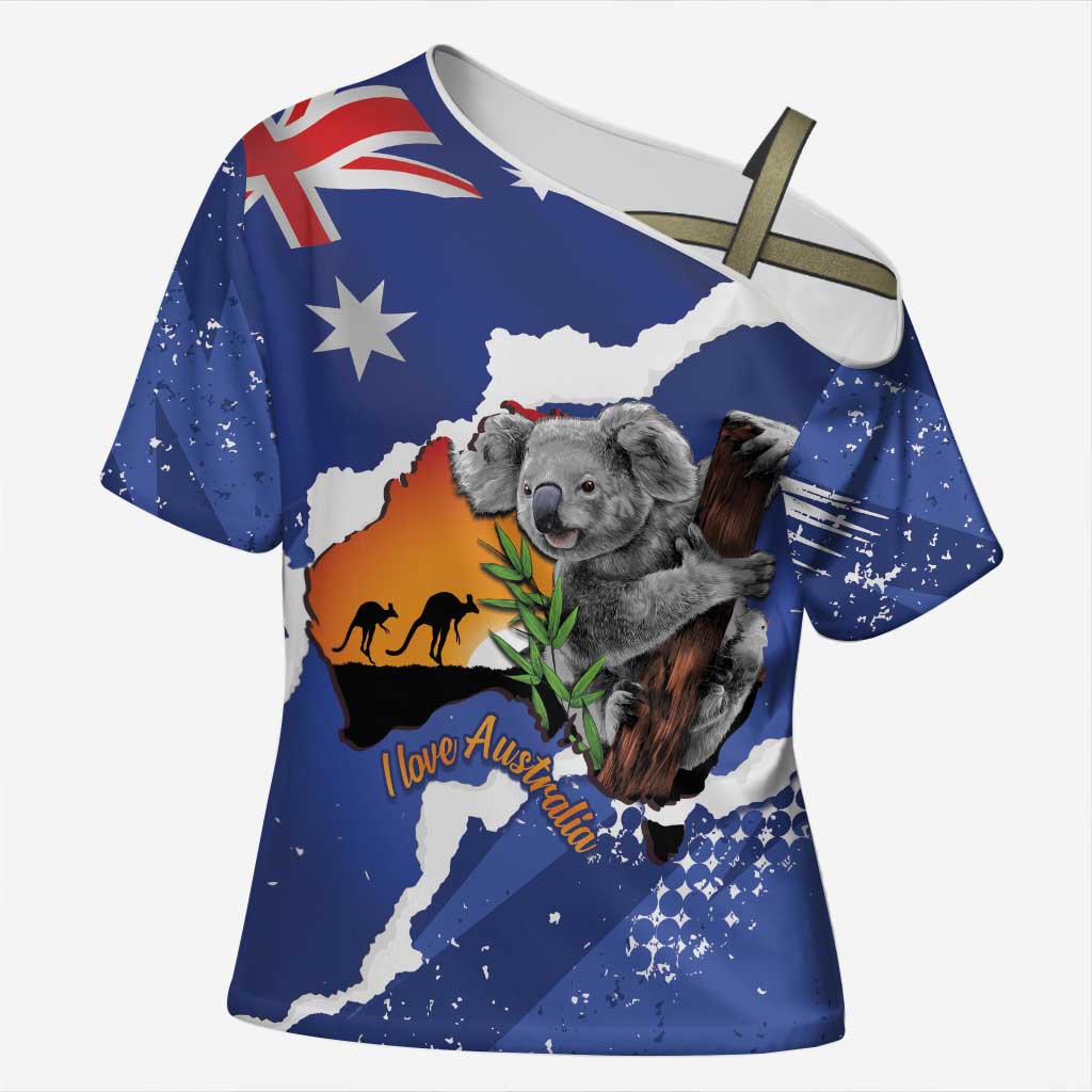 Koala Australia Personalised Cross Shoulder Shirt Aussie Map Flag Color Grunge Pattern