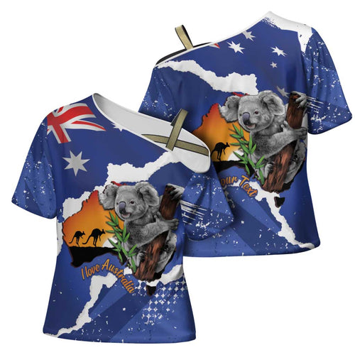 Koala Australia Personalised Cross Shoulder Shirt Aussie Map Flag Color Grunge Pattern