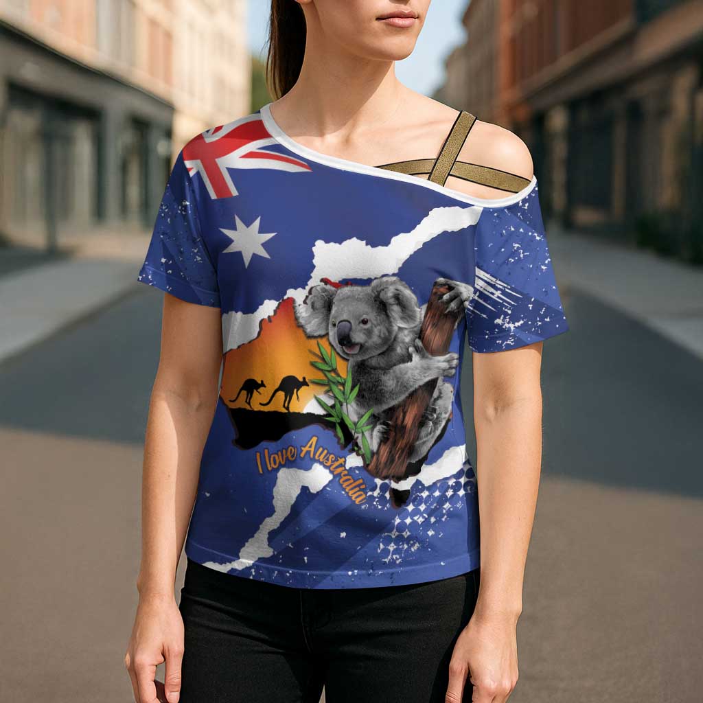 Koala Australia Personalised Cross Shoulder Shirt Aussie Map Flag Color Grunge Pattern