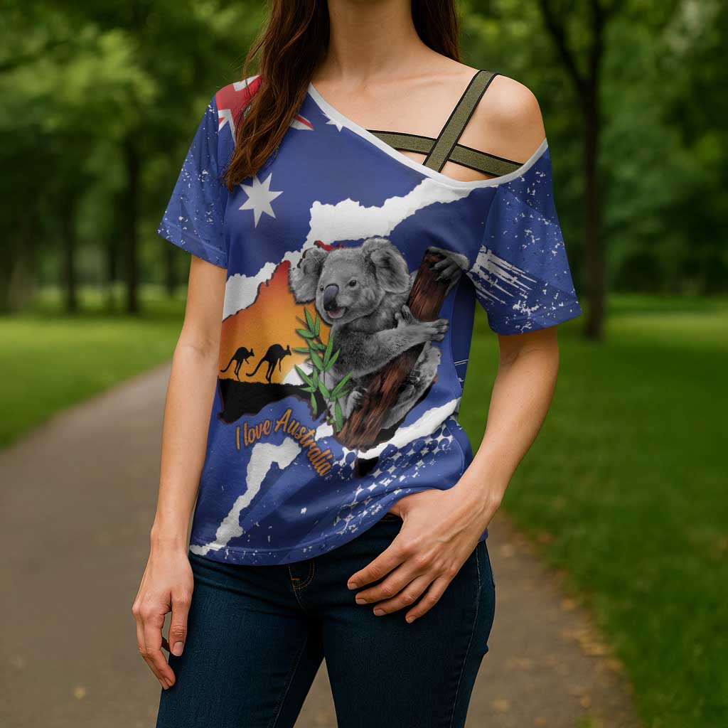 Koala Australia Personalised Cross Shoulder Shirt Aussie Map Flag Color Grunge Pattern