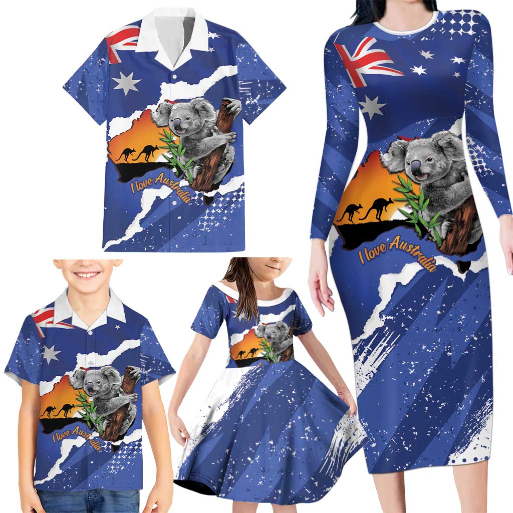 Koala Australia Personalised Family Matching Long Sleeve Bodycon Dress and Hawaiian Shirt Aussie Map Flag Color Grunge Pattern