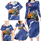 Koala Australia Personalised Family Matching Long Sleeve Bodycon Dress and Hawaiian Shirt Aussie Map Flag Color Grunge Pattern