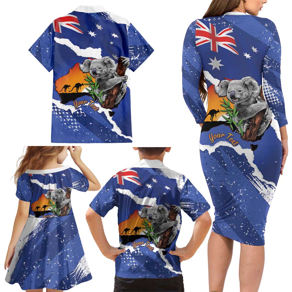 Koala Australia Personalised Family Matching Long Sleeve Bodycon Dress and Hawaiian Shirt Aussie Map Flag Color Grunge Pattern