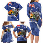 Koala Australia Personalised Family Matching Long Sleeve Bodycon Dress and Hawaiian Shirt Aussie Map Flag Color Grunge Pattern