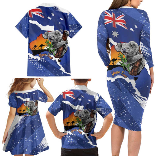 Koala Australia Personalised Family Matching Long Sleeve Bodycon Dress and Hawaiian Shirt Aussie Map Flag Color Grunge Pattern