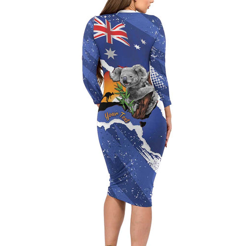 Koala Australia Personalised Family Matching Long Sleeve Bodycon Dress and Hawaiian Shirt Aussie Map Flag Color Grunge Pattern