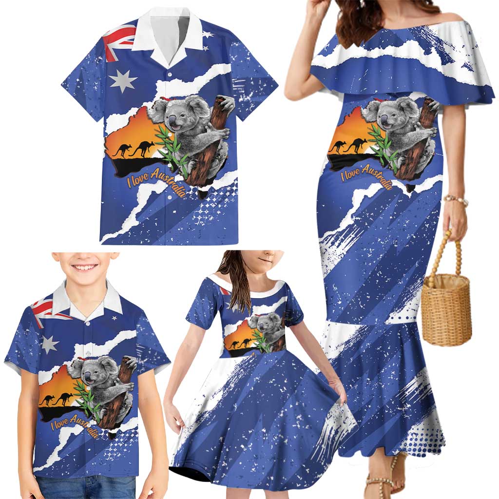 Koala Australia Personalised Family Matching Mermaid Dress and Hawaiian Shirt Aussie Map Flag Color Grunge Pattern