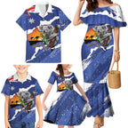Koala Australia Personalised Family Matching Mermaid Dress and Hawaiian Shirt Aussie Map Flag Color Grunge Pattern