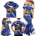 Koala Australia Personalised Family Matching Mermaid Dress and Hawaiian Shirt Aussie Map Flag Color Grunge Pattern