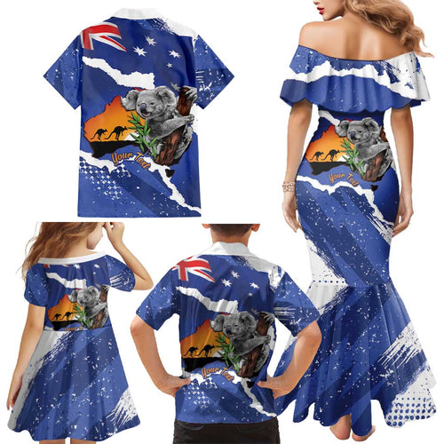Koala Australia Personalised Family Matching Mermaid Dress and Hawaiian Shirt Aussie Map Flag Color Grunge Pattern