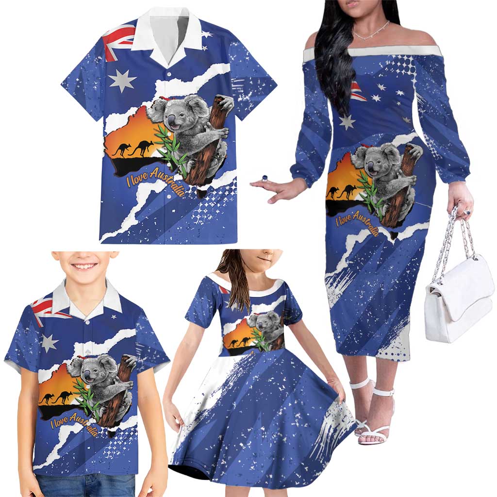Koala Australia Personalised Family Matching Off The Shoulder Long Sleeve Dress and Hawaiian Shirt Aussie Map Flag Color Grunge Pattern