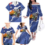 Koala Australia Personalised Family Matching Off The Shoulder Long Sleeve Dress and Hawaiian Shirt Aussie Map Flag Color Grunge Pattern