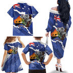 Koala Australia Personalised Family Matching Off The Shoulder Long Sleeve Dress and Hawaiian Shirt Aussie Map Flag Color Grunge Pattern