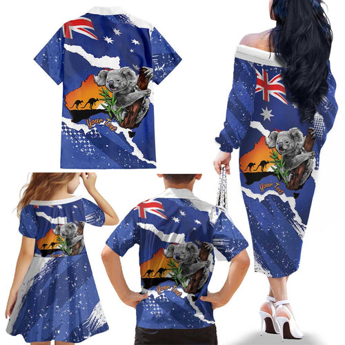 Koala Australia Personalised Family Matching Off The Shoulder Long Sleeve Dress and Hawaiian Shirt Aussie Map Flag Color Grunge Pattern