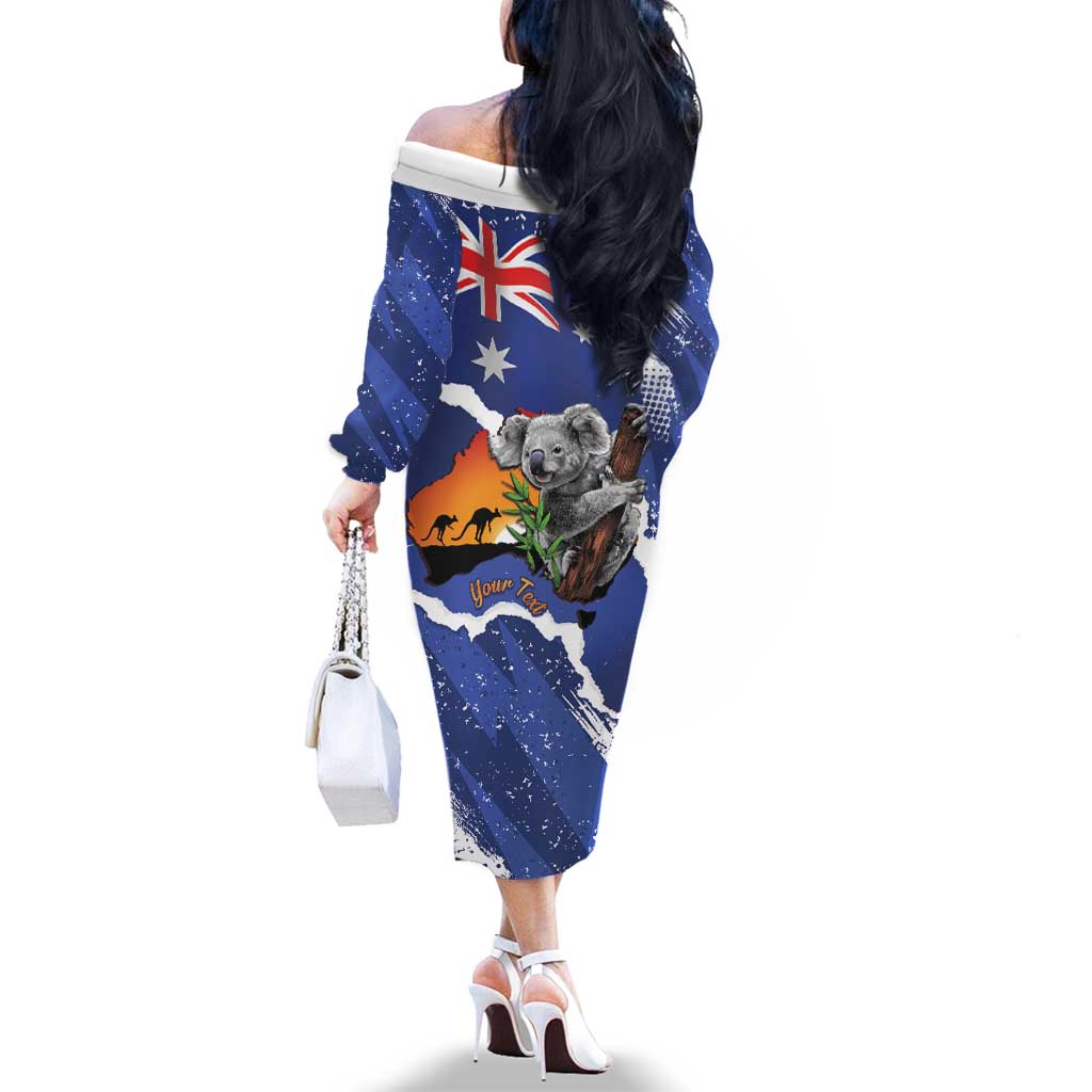 Koala Australia Personalised Family Matching Off The Shoulder Long Sleeve Dress and Hawaiian Shirt Aussie Map Flag Color Grunge Pattern