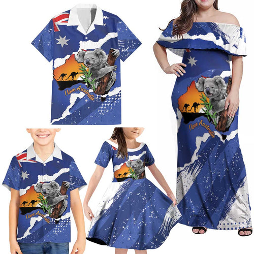 Koala Australia Personalised Family Matching Off Shoulder Maxi Dress and Hawaiian Shirt Aussie Map Flag Color Grunge Pattern