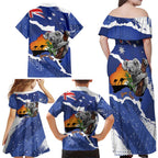 Koala Australia Personalised Family Matching Off Shoulder Maxi Dress and Hawaiian Shirt Aussie Map Flag Color Grunge Pattern